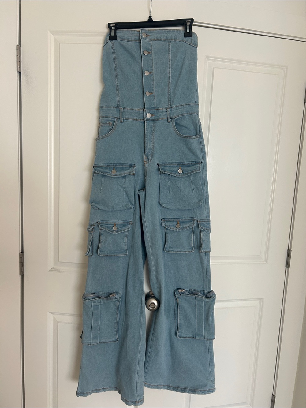 Daisy Light Blue Strapless Cargo Wide-Leg Denim Jumpsuit